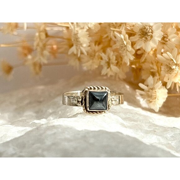 Black Onyx Square Bezel Set Rope Framed 925 Sterling Silver Vintage Ring - sz 6 - Picture 7 of 11